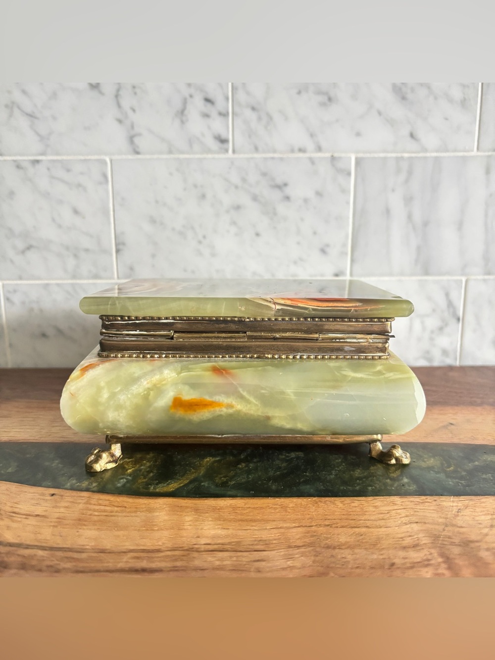 Vintage Green and Brown Marble Onyx Stone and Brass Footed Jewelry Trinket Box - Picture 5 of 12